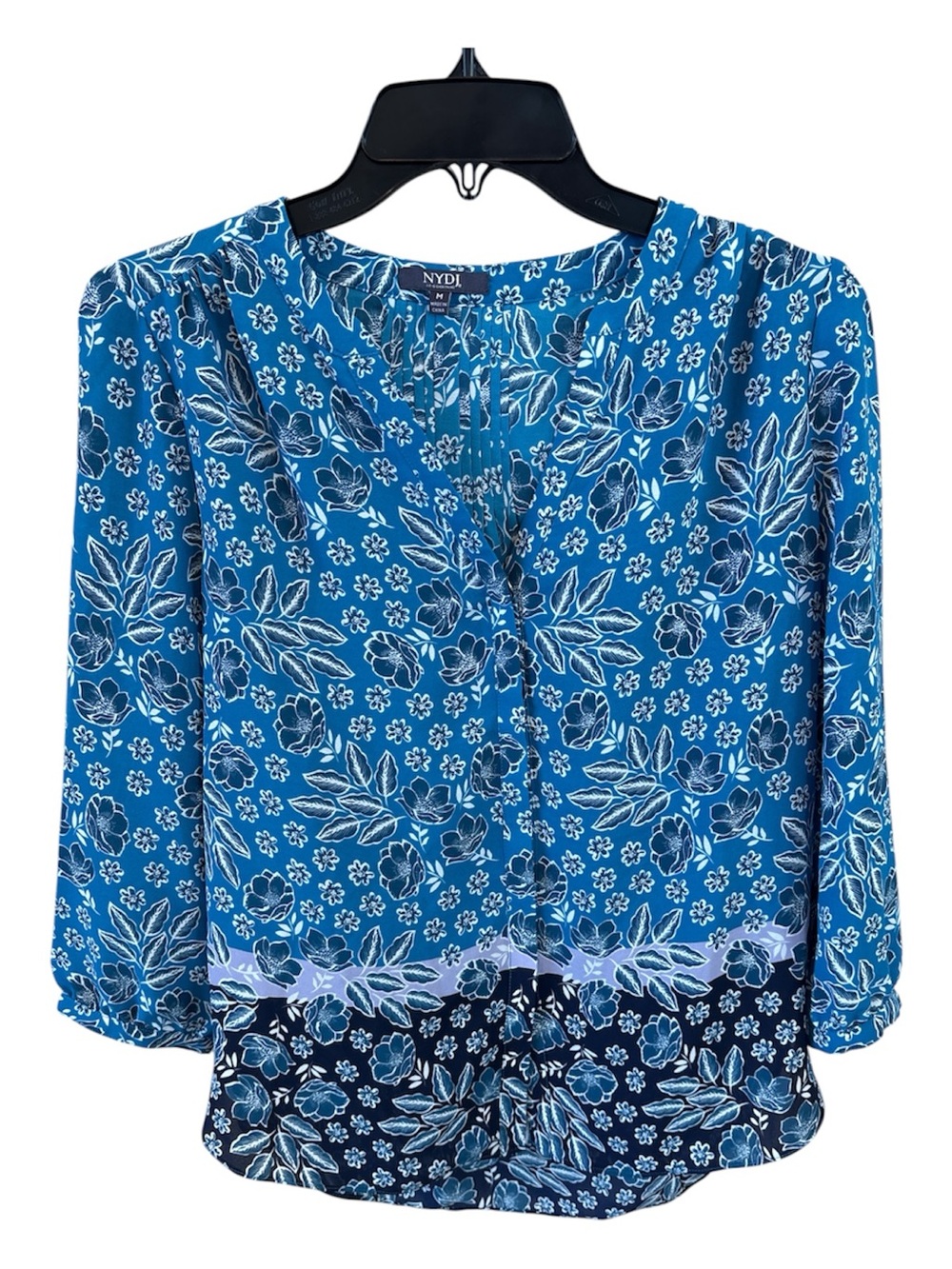 NYDJ Blue Floral V-Neck Button Blouse